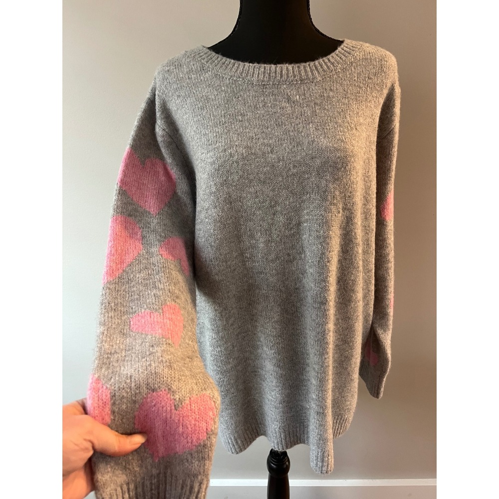 Cupcakes and Cashmere Gray Heart Sleeve‎ Knit Sweater Plus Size 2X Pink Hearts